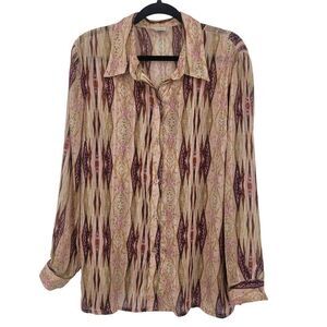 Vintage 70s Sheer Button Down Blouse XL Pink Metallic Geometric Striped Groovy